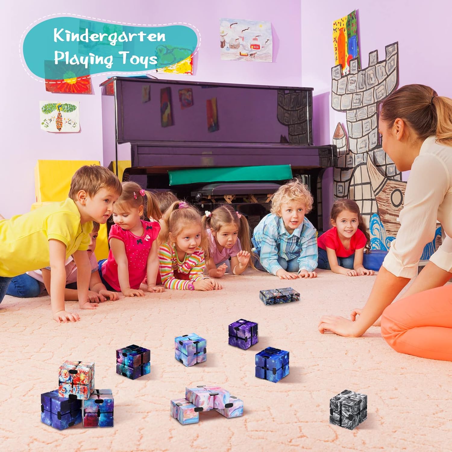48 Pcs Cube Sensory Toy Handheld Infinite Cube Flipping Hand Cube Desk Gift Portable Blocks for Teen Adult Anxiety Stress Relief Valentine's Day(Starry Sky Style)