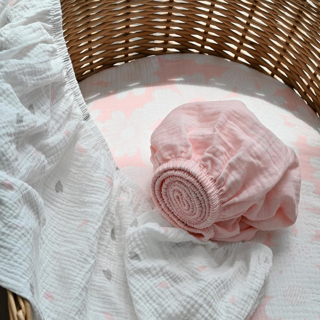 Gllquen Baby Muslin Bassinet Sheets 3 Pack, Breathable Elastic Cozy Fitted Cotton Bassinet Mattress Sheet for Baby Boy Girls, Fit for Hourglass Oval Rectangular Cradle Pad Sheets 33"x17" (Pink)