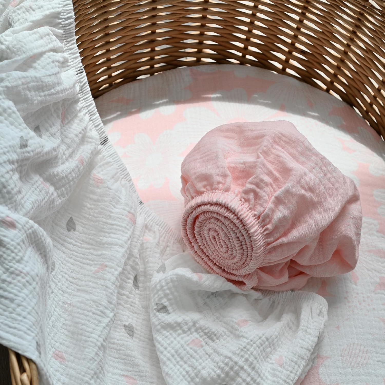Gllquen Baby Muslin Bassinet Sheets 3 Pack, Breathable Elastic Cozy Fitted Cotton Bassinet Mattress Sheet for Baby Boy Girls, Fit for Hourglass Oval Rectangular Cradle Pad Sheets 33"x17" (Pink)