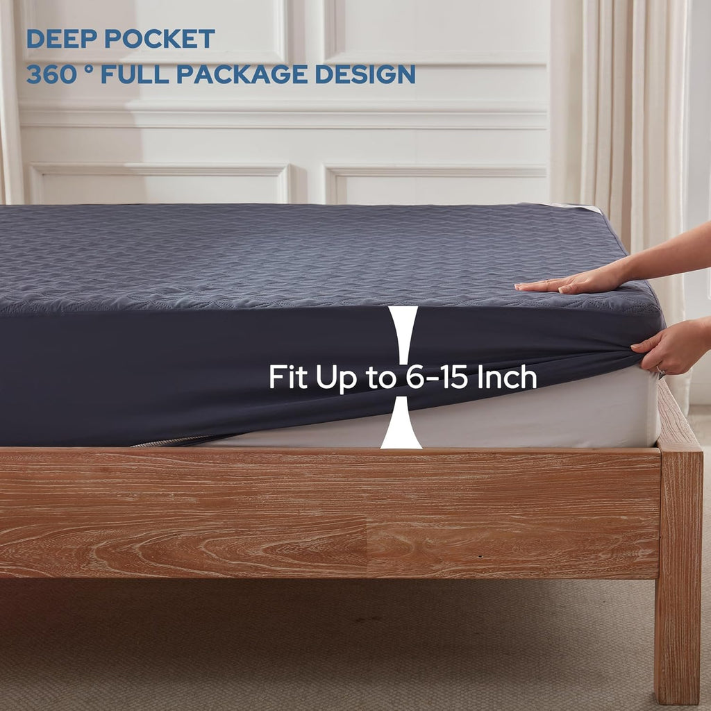 BEDLORE Waterproof Mattress Protector, Twin XL Size Noiseless Mattress Pad with Deep Pocket 6"-15" Depth, Soft Breathable Bed Mattress Cover Washable for Home, Bedroom, Hotel (Navy Blue)