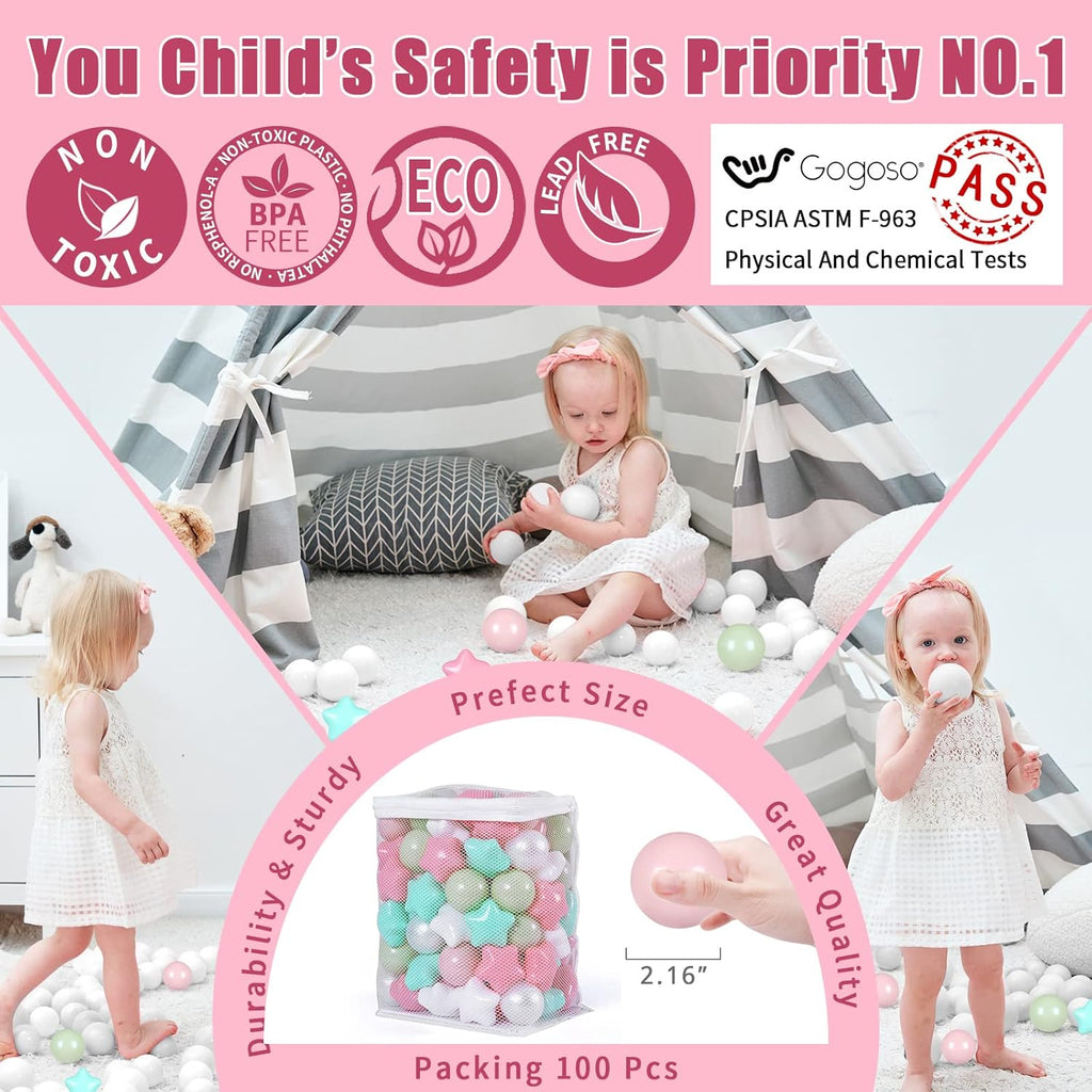 GOGOSO Ball Pits Balls for Toddlers Pack of 50 100 200 Plastics Shape Ball Non-Phthalate Non-BPA Non-Toxic 2.2-Inch Crush Proof Play Balls