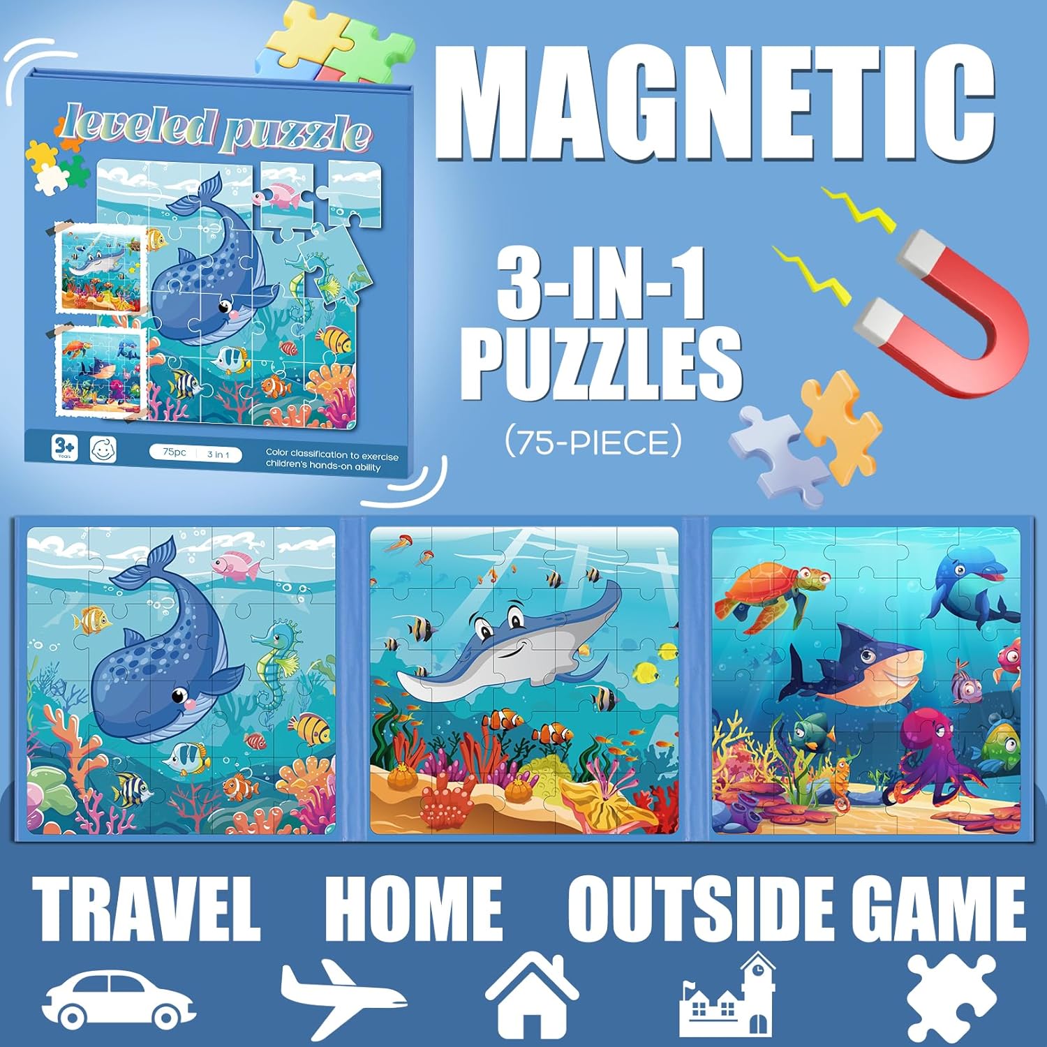 Magnetic Puzzles for Toddlers 3-5 , 75-Pieces Travel Toys , Sea Puzzles Ages 4-6, Educational Learning Magnets, Road Car Trip & Airplane Activities Toys for 3 4 5 6 7 Girls Boys Gift