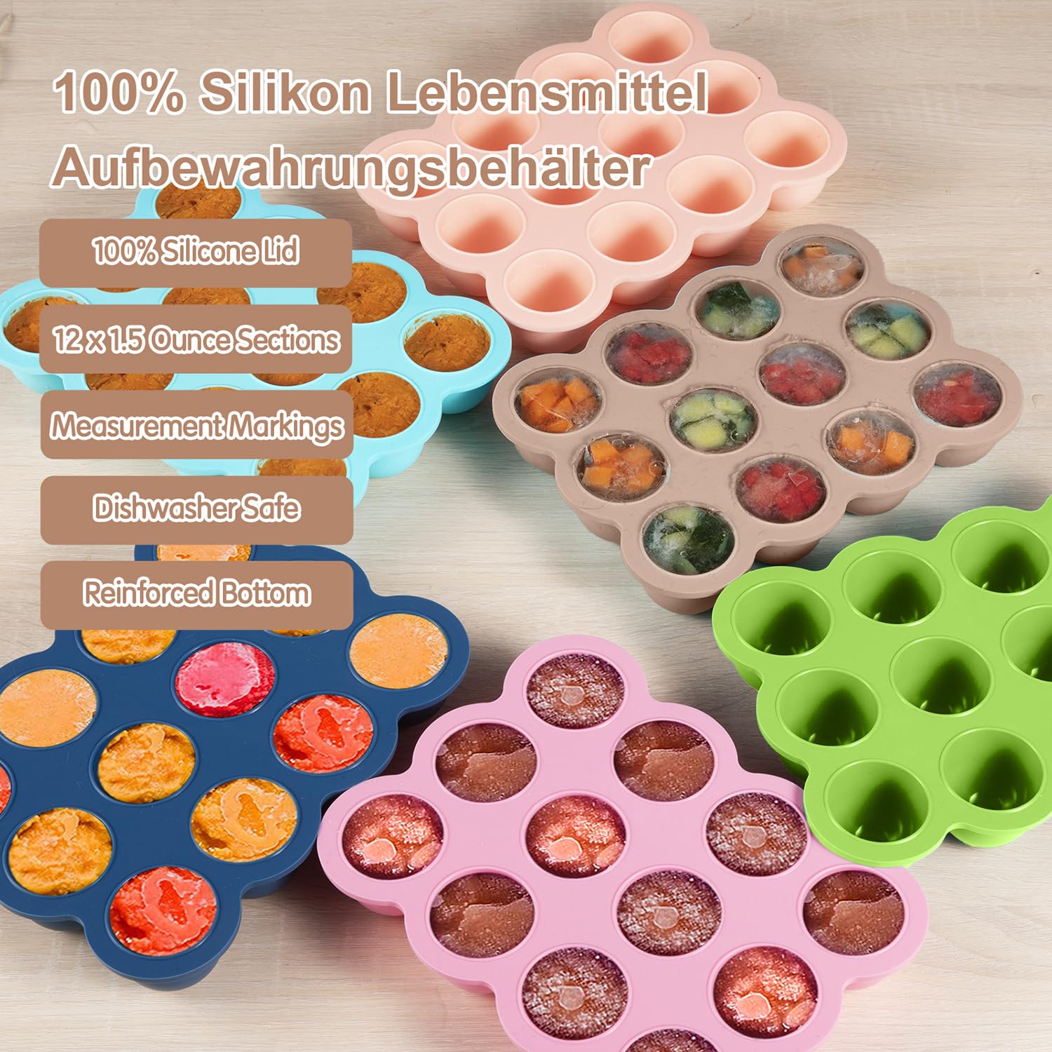Baby Food Freezer Tray with Clip on Lid, 12 x 1.5 Ounce Baby Food Storage Container, Baby Silicone Freezer Molds for Fruit Purees & Vegetables (Light Brown)