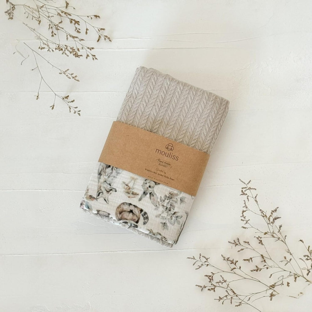 Personalized Baby Blanket with Name – Handmade 100% Organic Cotton Newborn Gift | Custom Knit Blanket for Boys, Girls, Kids & Baby Showers (Stone Beige/Critter Crew)