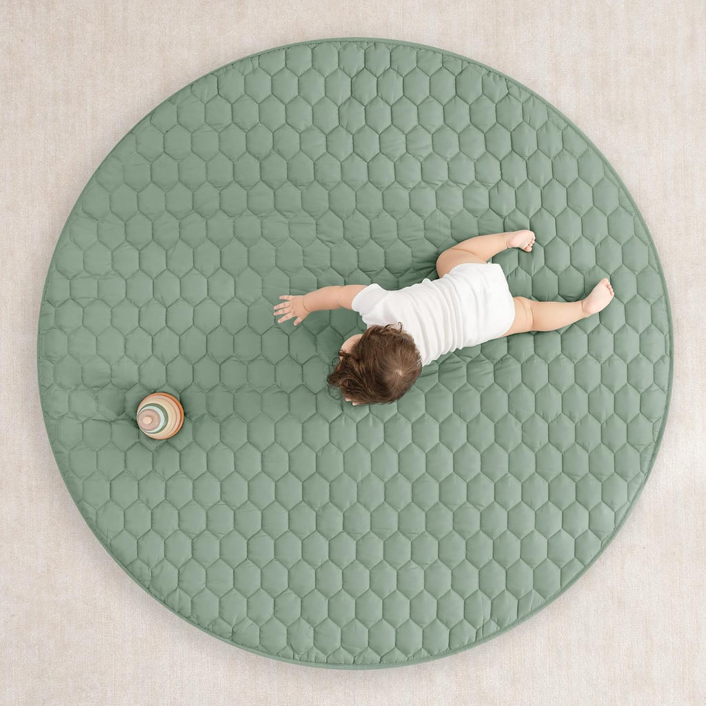 Comfy Cubs Round Kids Play Mat - Large 60 inches Soft Quilted Baby Floor Mat with Non-Slip Bottom - Plush Design for Toddlers' Playtime and Relaxation - Comfortable and Durable - Fern