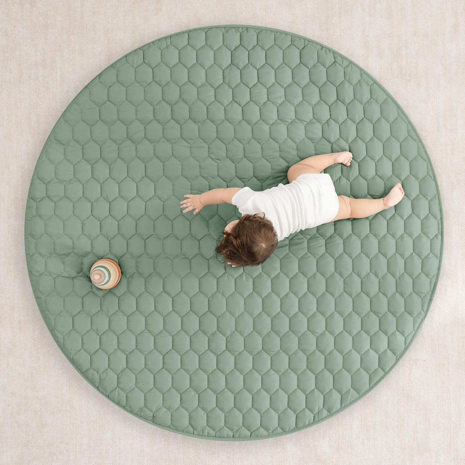 Comfy Cubs Round Kids Play Mat - Large 60 inches Soft Quilted Baby Floor Mat with Non-Slip Bottom - Plush Design for Toddlers' Playtime and Relaxation - Comfortable and Durable - Fern