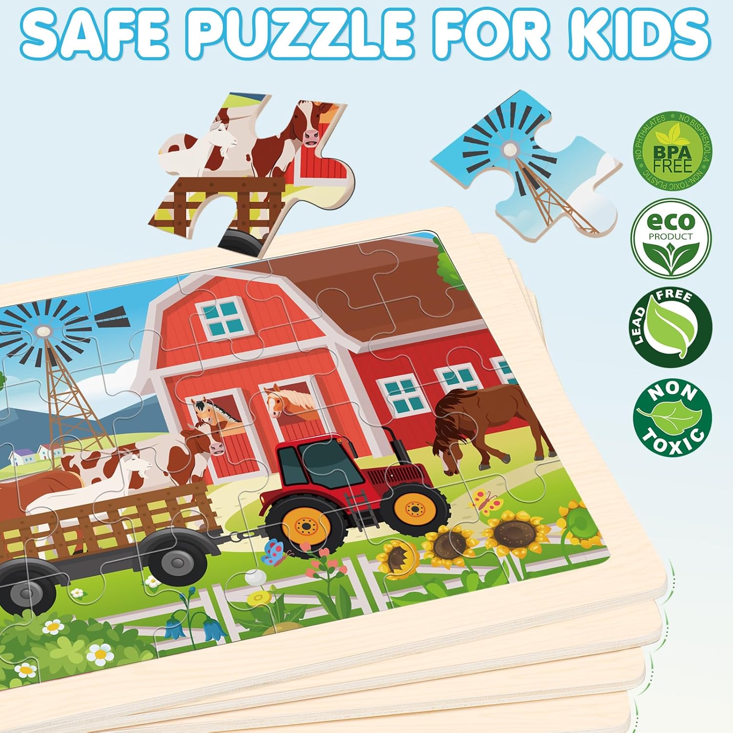 Wooden Farm Puzzles for Kids Age 3 4 5 Year Old, 4 Pack 24 Pcs Montessori Toddler Jigsaw Puzzles for Girl boy Activities Preschool Learning Educational Birthday Gift