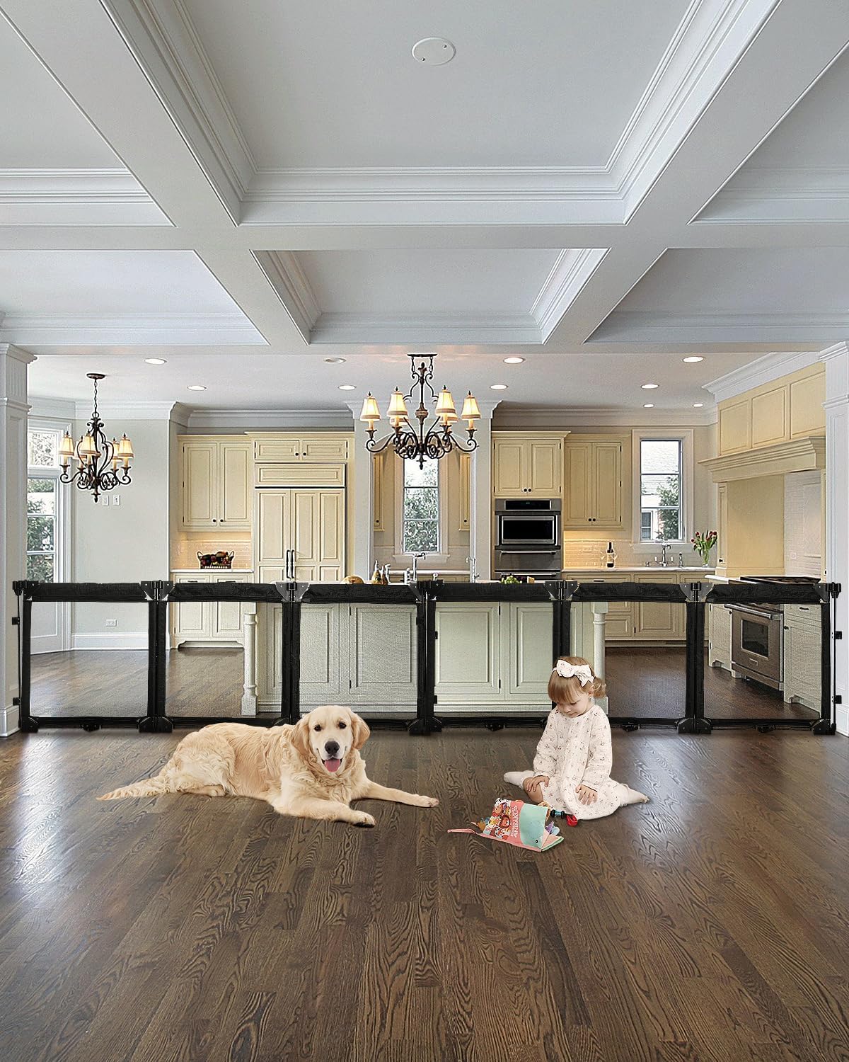 Extra Wide Baby Gate Playpen with Heat-Resistant Mesh,6 Panel Foldable Baby Fence,Indoor/Outdoor Safety Barrier,Dog Playpen & Fireplace Gate