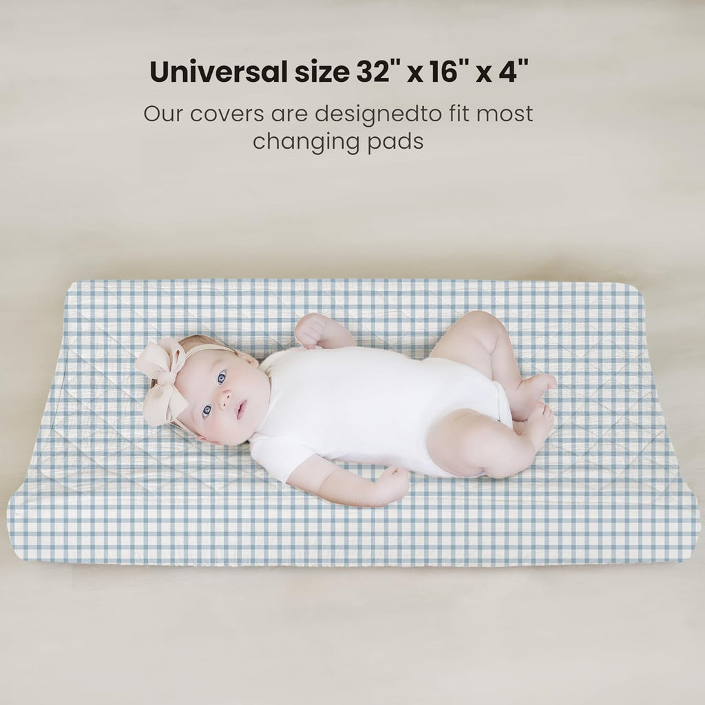 Konssy Waterproof Muslin Changing Pad Cover 2 Pack, Quilted Cotton Fitted Diaper Changing Table Cover, Soft Changing Pad Sheets for Girls Boys (Blue Gingham Blossom)