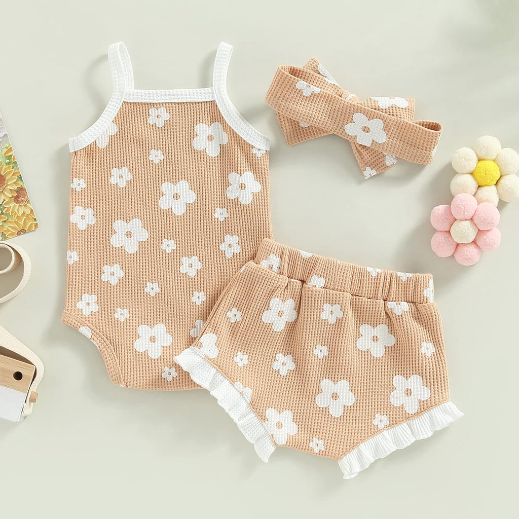 fhutpw Baby Girl Clothes Summer Cute Outfits 3 6 12 18 Months Spaghetti Strap Romper & Floarl Shorts Sets