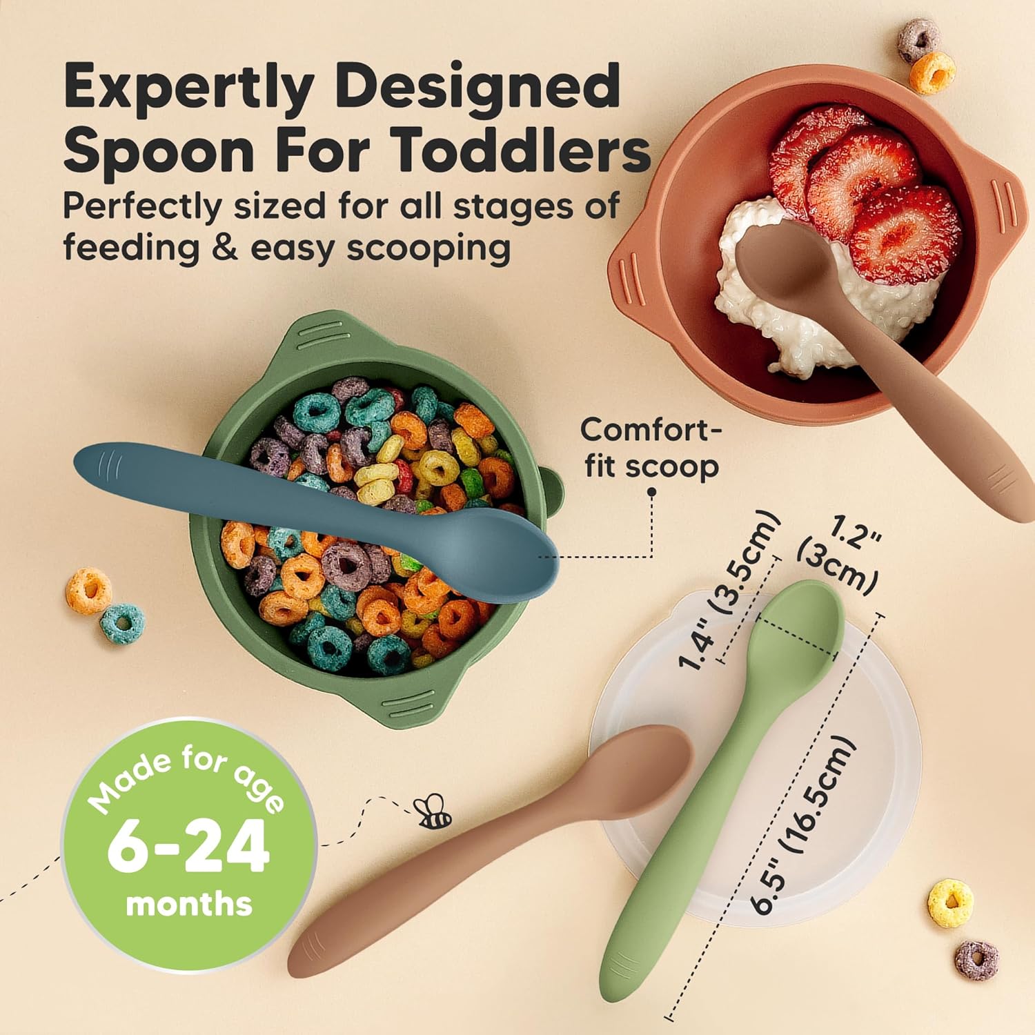 KeaBabies Silicone Baby Spoons, Self Feeding 6-12 months - 3-Pack Baby Weaning Eating Utensils, Toddler First Food Training Spoon, Infant, Kids Feeding Supplies Essential Set, Dishwasher-safe (Desert)