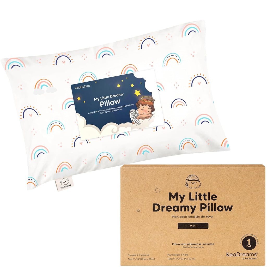 Mini Toddler Pillow with Pillowcase - 9x13 My Little Dreamy Travel Kids Pillow for Sleeping, Toddler Bed, Small, Tiny, Organic Cotton Pillowcase, Soft & Breathable, Kids 2-4 Years Old (Jolly Rainbow)