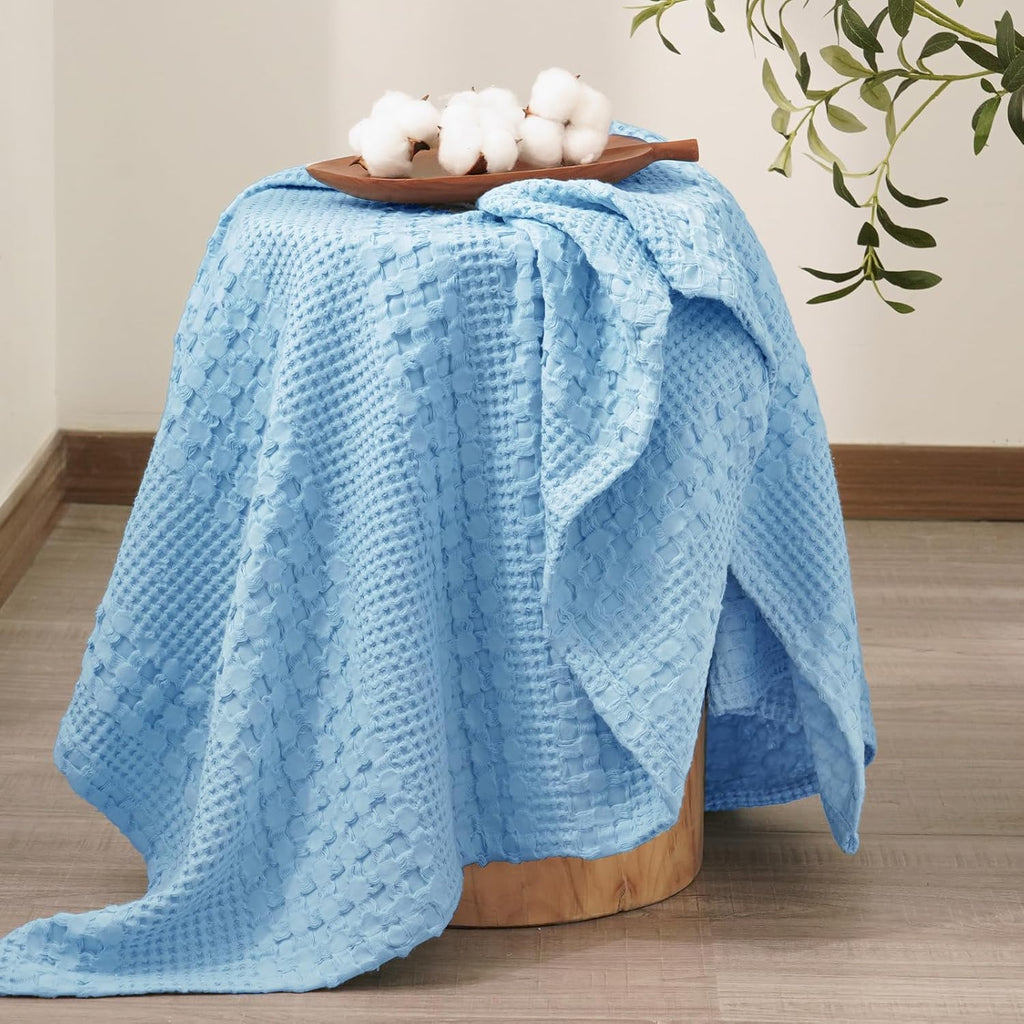 PHF 100% Cotton Waffle Weave Throw Blanket, Soft Lightweight Breathable Cozy Summer Throws for Couch Bed Sofa, Luxury Aesthetic Woven Blanket for Home Decor & Office, 50"x60", Sky Blue