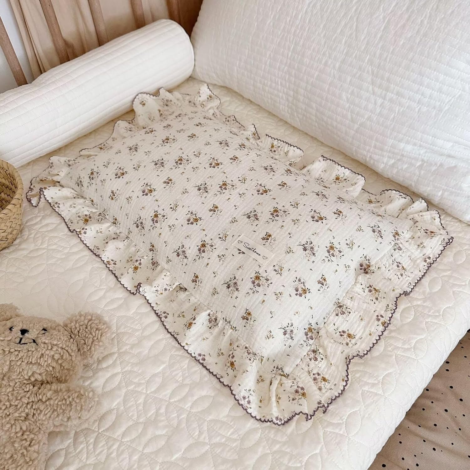 BuLuTu Shabby Chic Floral Toddler Pillow Cases Muslin Standard Size Pillowcases for Girls Kids Nursery Pillow Cover for Toddler Bed, Envelope Closure,1 Piece, Crapemyrtle Pattern, 20"x26"