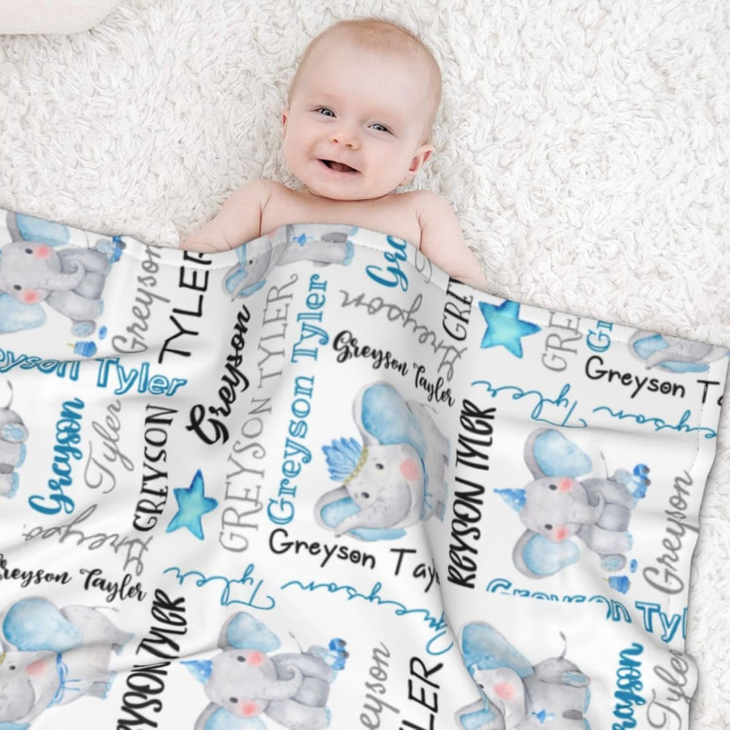 Personalized Elephant Swaddle Blanket with Name - Custom Baby Blanket for Boys & Toddlers - Kids & Newborn