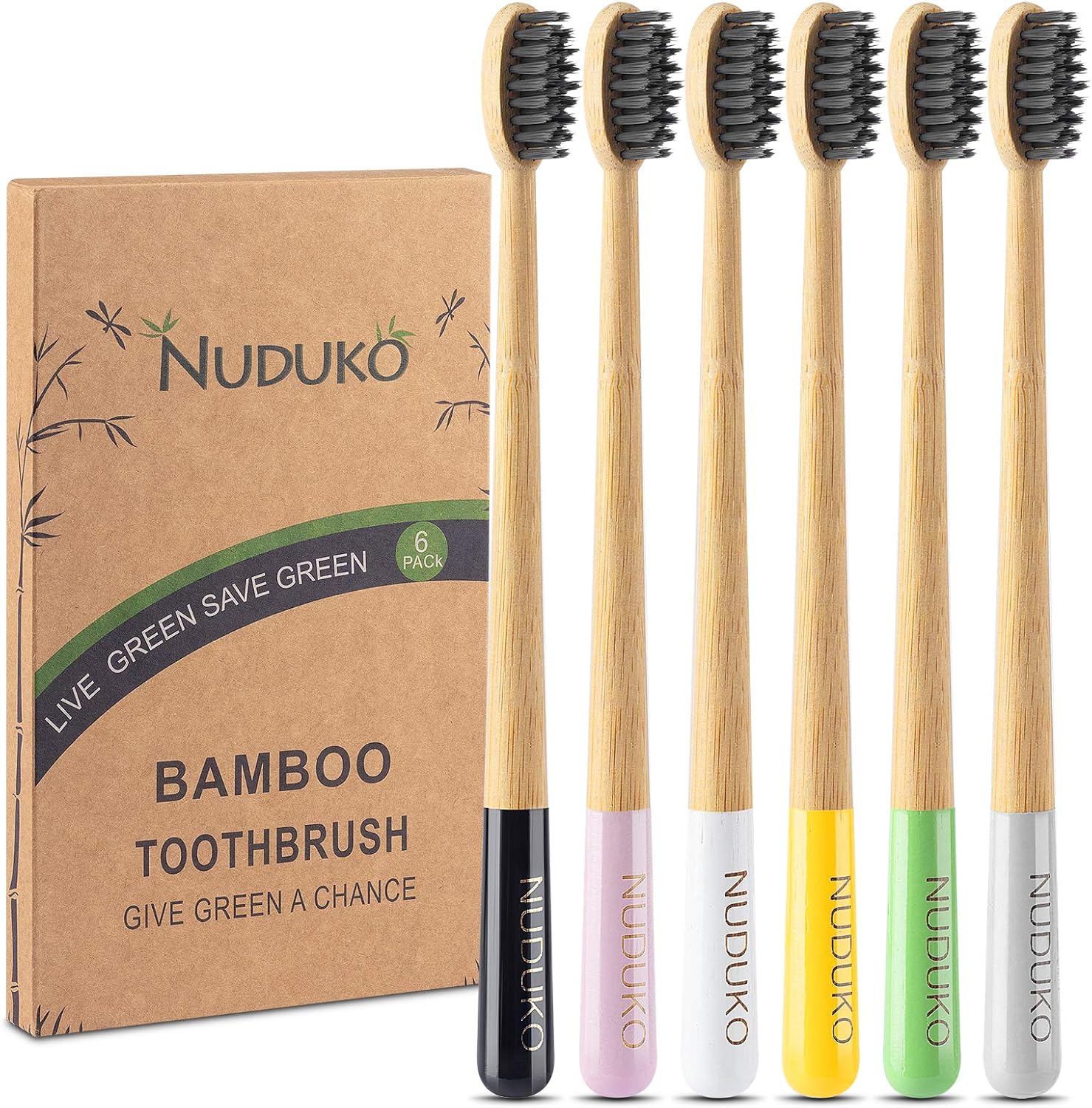 Biodegradable Bamboo Charcoal Toothbrushes, Soft Bristle, Eco-Friendly, Sustainable, BPA Free, Organic, Compostable, Travel Toothbrushes, 6 Pack