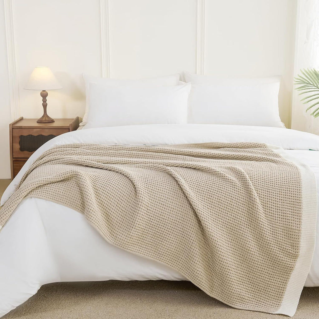 SeaRoomy Knit Throw Blanket,Super Soft Cozy Reversible Waffle Blanket,Warm Fluffy Fuzzy Plush Lightweight Double-Side Blanket for All Seasons for Couch,Sofa,Bed (Khaki,50"x70")