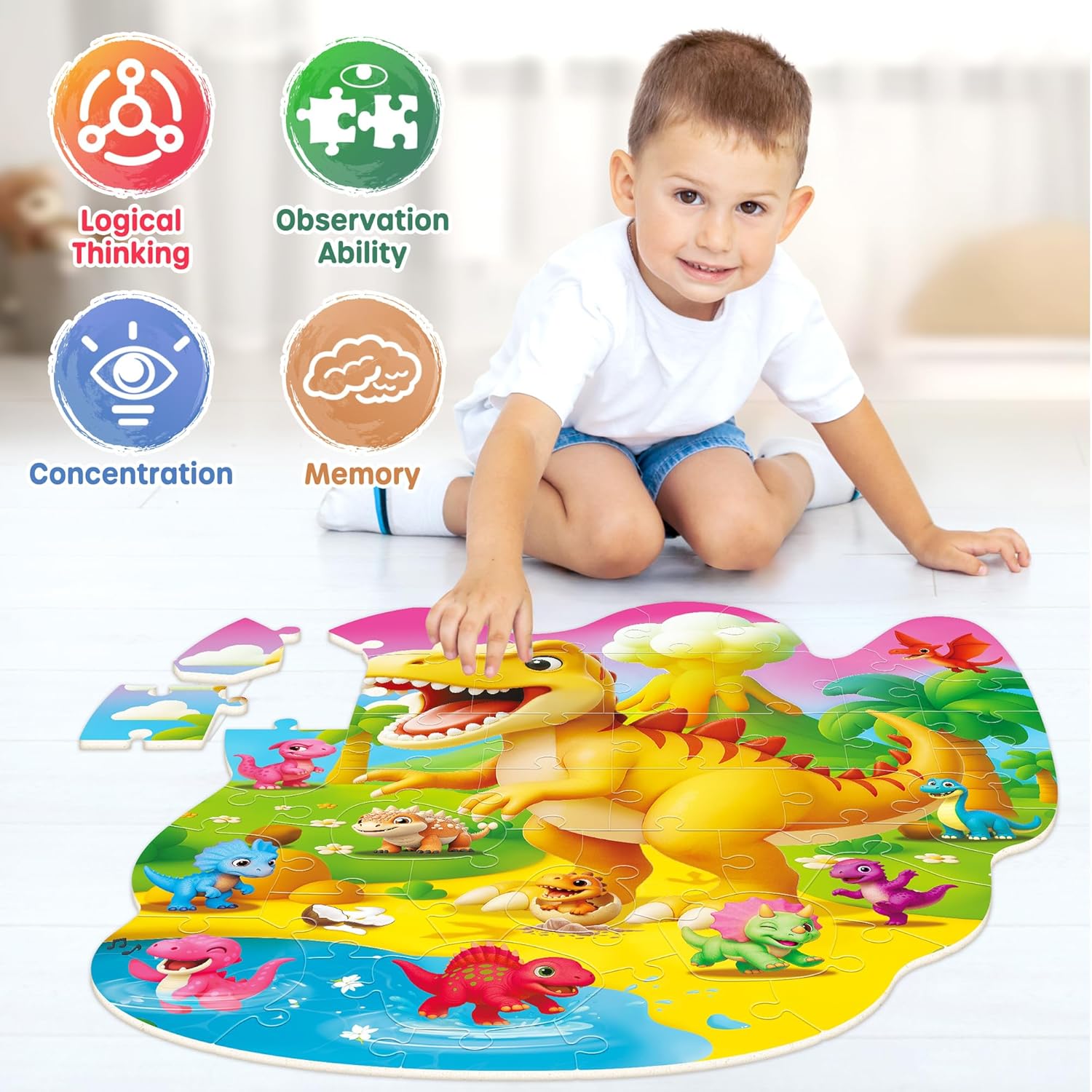 SYNARRY Dinosaur Floor Puzzles for Kids Ages 4-6, Large 45 Piece Floor Puzzles for Kids Ages 3-5, Dinosaur Puzzles for 4-8 Years Old, Dino Toys Gifts for 3 4 5 6 7 8 Years Old Boys Girls Child