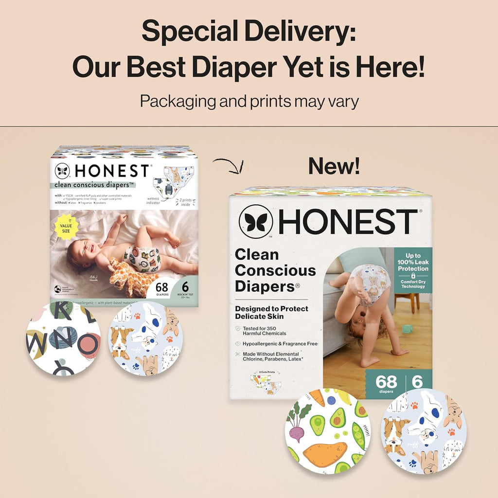 The Honest Company Clean Conscious Diapers for Delicate Skin | Up to 100% Leakproof | Hypoallergenic, Fragrance Free | Gender Neutral | Super Club Box, Size 6 (35+ lbs), 68 Count (Prints May Vary)