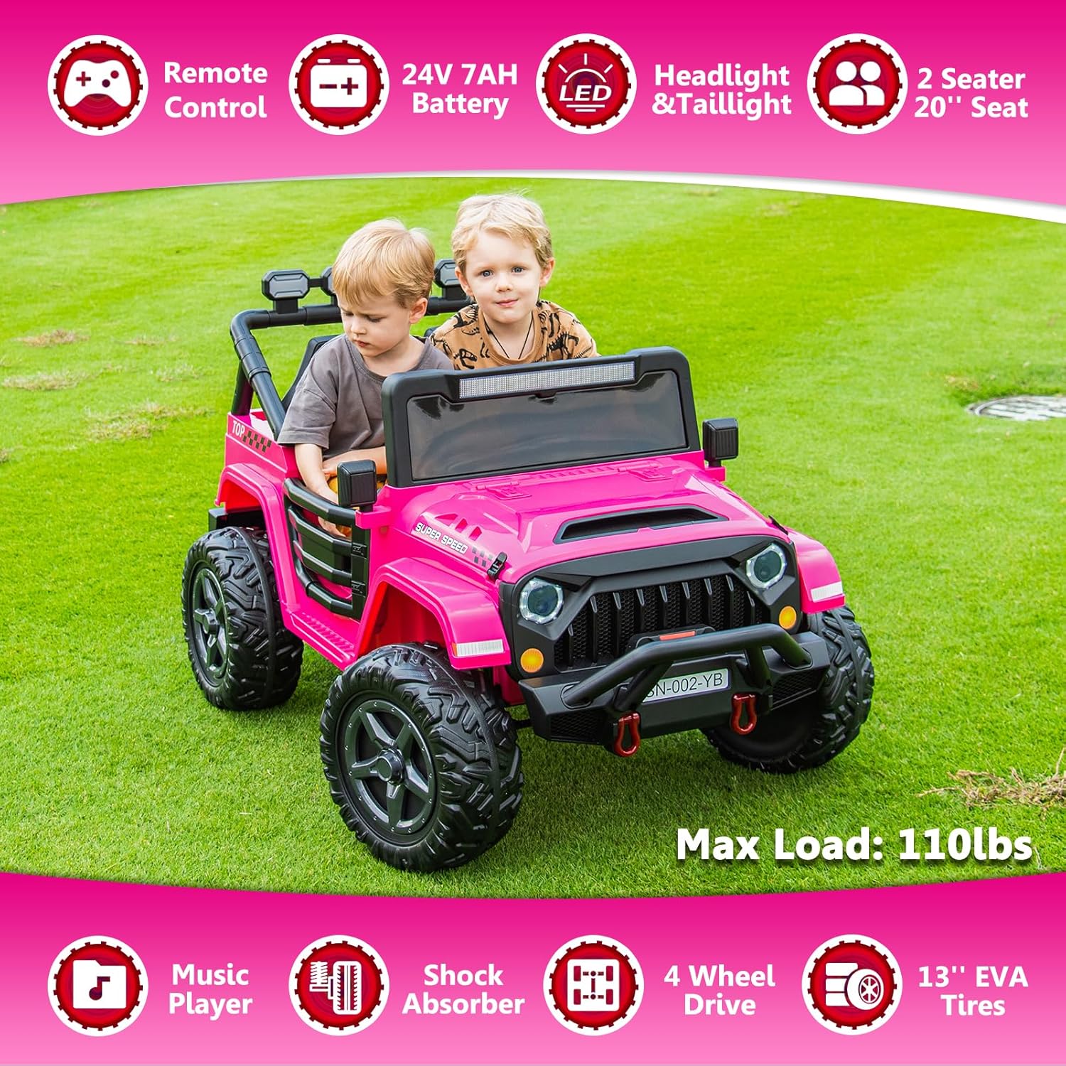 24V 2 Seater Ride On Truck with Remote Control 4WD Electric Car for Kids Ride On Car Battery Powered Ride On Toy Car with Music Player, LED Lights, Bluetooth, Rear Shock Absorber, Hot Pink