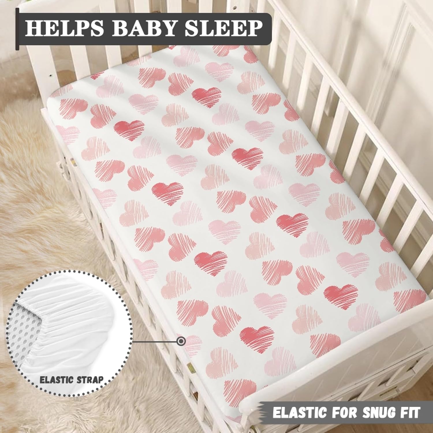 Pink Hearts Fitted Crib Sheet Line Heart Baby Crib Sheet Fit Standard Crib and Toddler Mattress,Crib Mattress Sheets for Boys Girls 28"x52"
