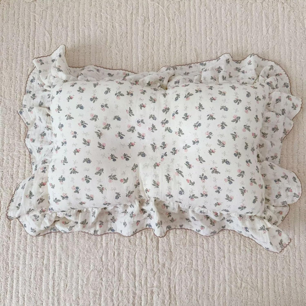 BuLuTu Chic Bellflower Pink Toddler Pillowcase with Ruffles Pillow Cover for Boys Girls 1 2 3 4 5 6 Years Old, Soft Breathable Muslin Cotton Pillow Case for Crib Cot Cradle, 14"x20", 1 pc