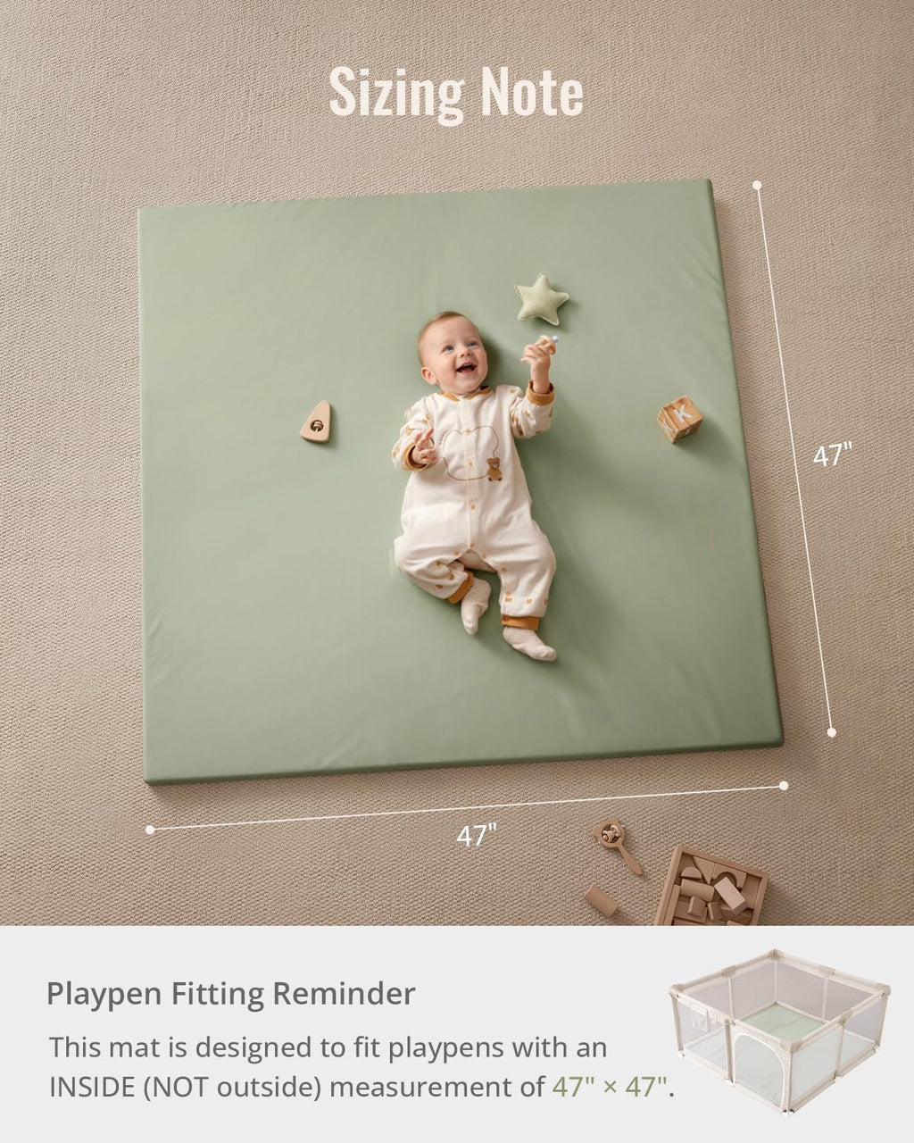 Blissful Diary Vegan Leather Baby Play Mat, 47x47 Thicken Foam Cushioned & Waterproof Playpen Mat for Infants and Toddlers, Stylish and Just Wipe-Clean Playmat for Baby Play on Floor, Light Green