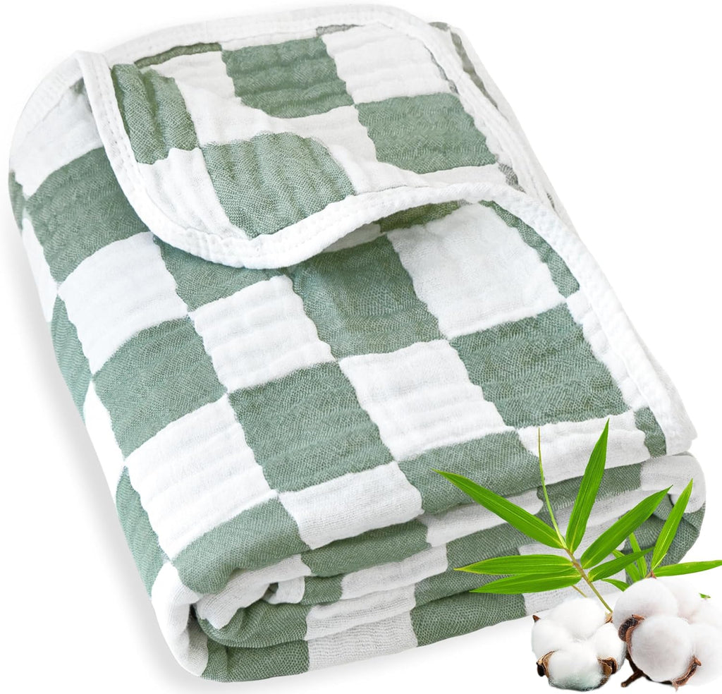 Muslin Baby Blanket Unisex Sage Green Checkerboard Toddler Blanket for Bed, 70% Cotton and 30% Rayon Breathable Swaddle Blankets for Newborn Infant 43 x 43 Inches
