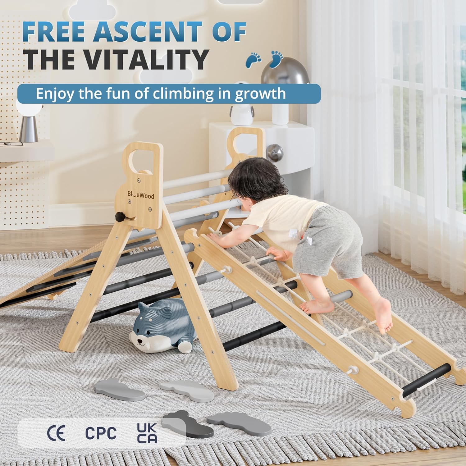 BlueWood 10-in-1 Pikler Triangle Set, Toddler Climbing Toys Indoor, Montessori Climber, Baby Jungle Gyms with Arch, Extra Rope Ladder & Footprint Balance Beam - Grey Twilight