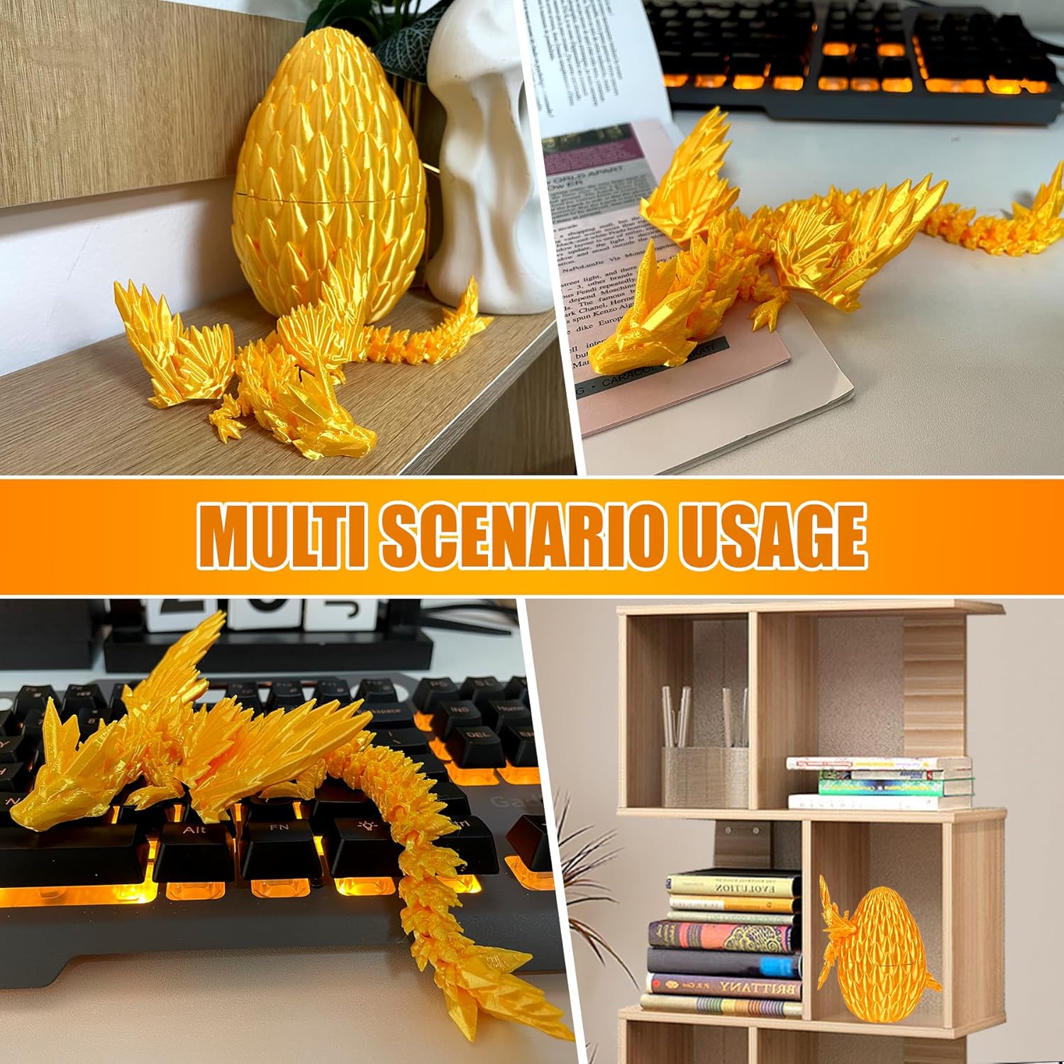 12inch Fly Dragon Egg, Year of The Dragon, 3D Printed Dragon, Executive Desk Toys, Articulated Dragon, Fidget Toys Gifts for Graduates Students Teachers Adults (Gold)