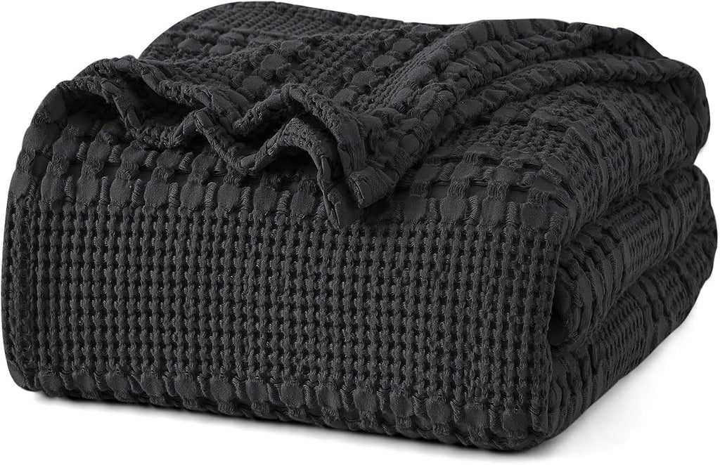 PHF 100% Cotton Waffle Weave Blanket Queen Size, Soft Lightweight Breathable Cozy Summer Blankets for Bed, Luxury Aesthetic Woven Bedding for Home Decor, 90"x90", Black