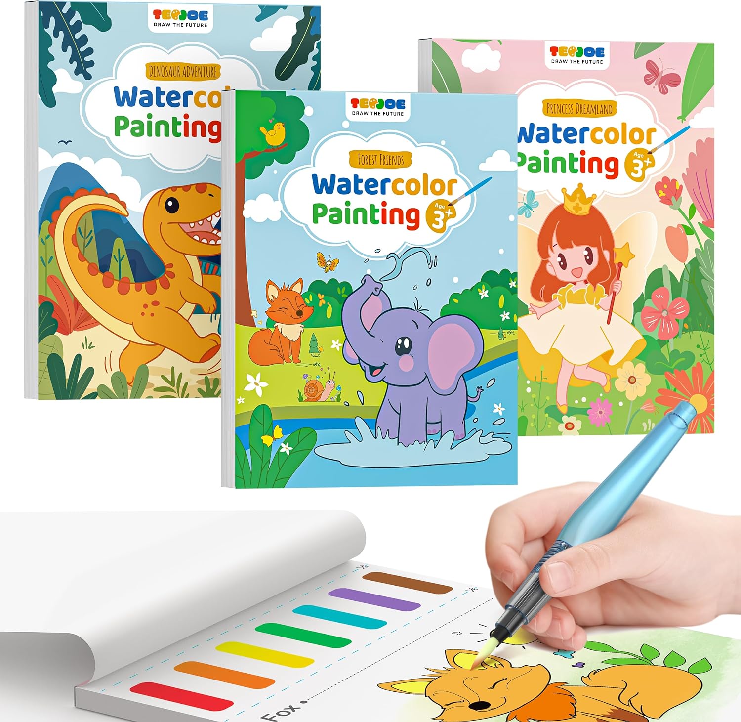TECJOE 3 Pack Paint With Water Coloring Books for Toddlers, Watercolor Paint Set with 6 Brushes, Painting Activity for Kids Ages 4-8, Christmas Gift arts & Crafts Toy, Princess, Dinosaur & Forest