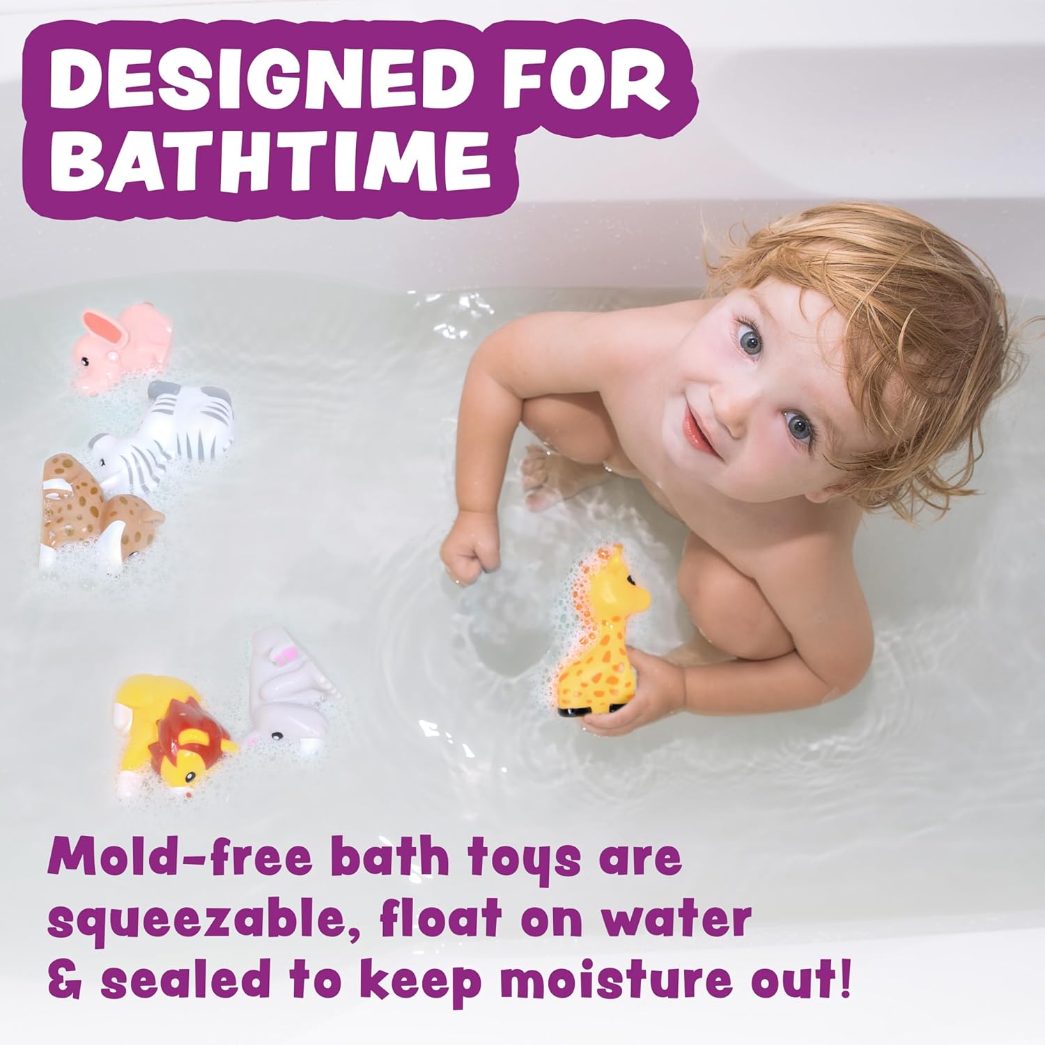 Tub Works® Savanna™ Mold Free Bath Toys, 6 Pack | Sealed, No Hole Bath Toys Design Keeps Moisture Out | Soft, Squeezable & Float on Water | Easy-Grip Baby & Toddler Bathtub Toys | Great Baby Pool Toys