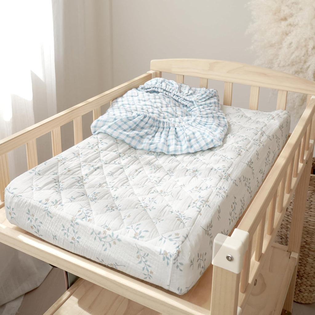 Konssy Waterproof Muslin Changing Pad Cover 2 Pack, Quilted Cotton Fitted Diaper Changing Table Cover, Soft Changing Pad Sheets for Girls Boys (Blue Gingham Blossom)