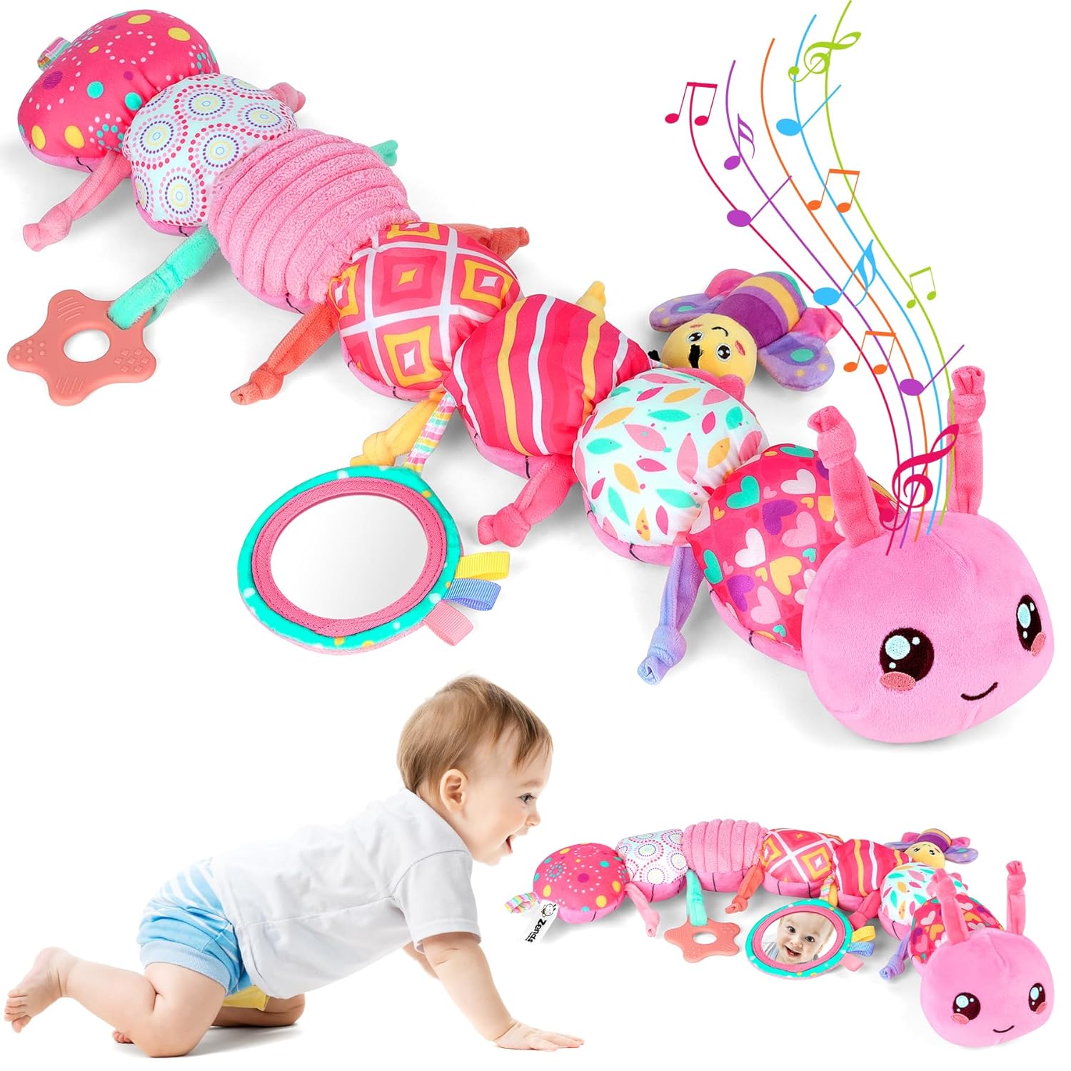 Baby Girls Toys 6-12 Months - Infant 6-in-1 Sensory Music Animal Stuffed Caterpillar Toy with Rattle & Mirror Crinkle for Tummy Time, Newborn 0 3 6 9 12 18 Shower Gifts Soothing Companion Toys, Pink