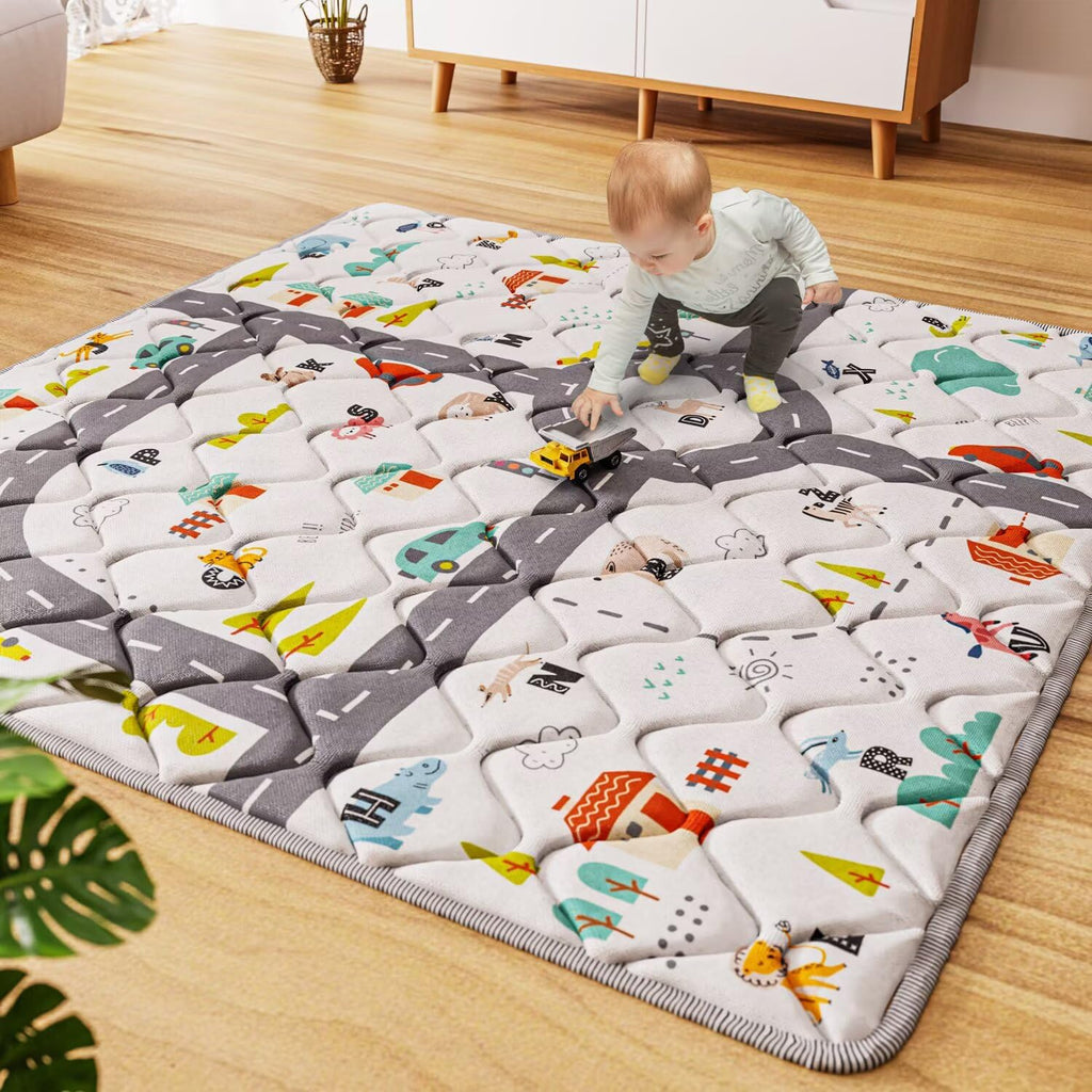 Car Portable Baby Play Mat 50x50 Playpen Mat Upgraded Thicken Baby Floor Play Mat Non-Slip Cushioned Crawling Mat Waterproof Activity Playmats for Babies Toddlers Infants (50x50, Letter Car)