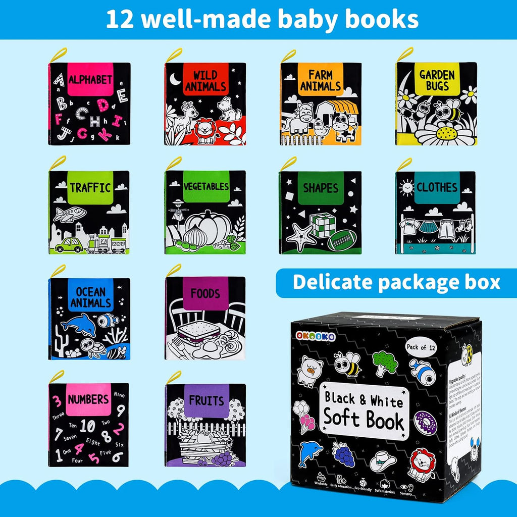 OKOOKO Soft Baby Books Black and White High Contrast 12PCS Soft Cloth Books Bath Books Crinkle Washable Non-Toxic Early Education Preschool Learning Toy for Newborns Babies Infants Toddlers Kids