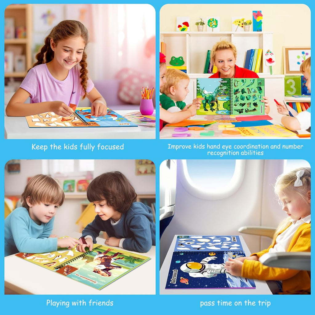 homicozy 4PCS Sticker Paint Books for Kids Ages 4-10,Dinosaur Astronaut Ocean Animals Designs Paint by Stickers,Sticker by Numbers,Party Birthday Gifts for Boys 4-10,Create 40 Pictures at a Time