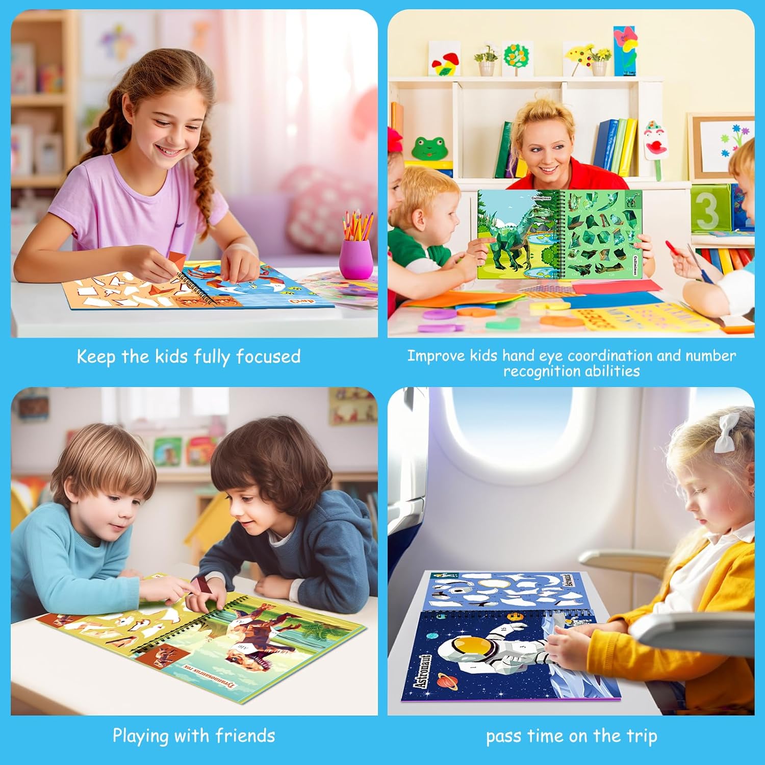 homicozy 4PCS Sticker Paint Books for Kids Ages 4-10,Dinosaur Astronaut Ocean Animals Designs Paint by Stickers,Sticker by Numbers,Party Birthday Gifts for Boys 4-10,Create 40 Pictures at a Time