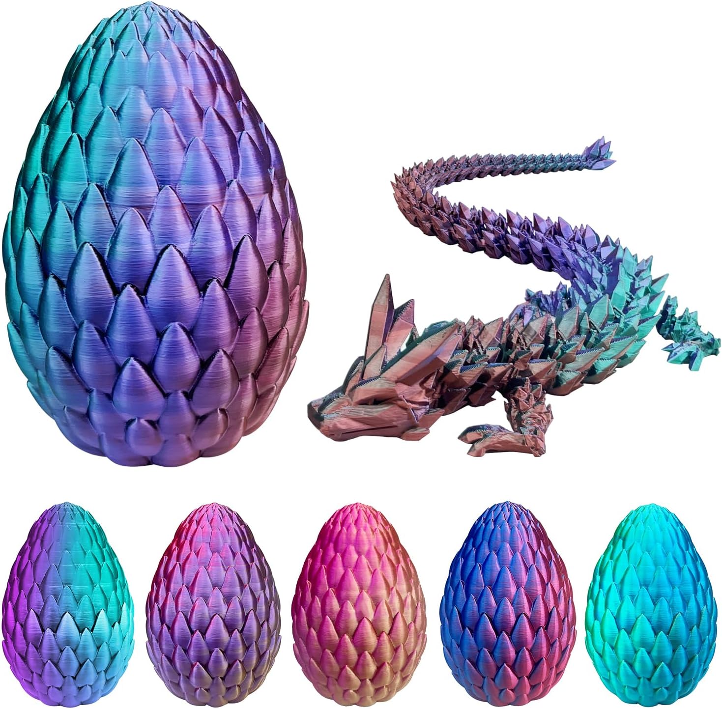 Dragon Eggs with Dragon Inside, 16.5 Inch Large 3D Printed Dragon Egg Articulated Dragon Crystal Dragon Executive Desk Toys Fidget Toy for Autism/ADHD (Green Purple Copper, with Egg)