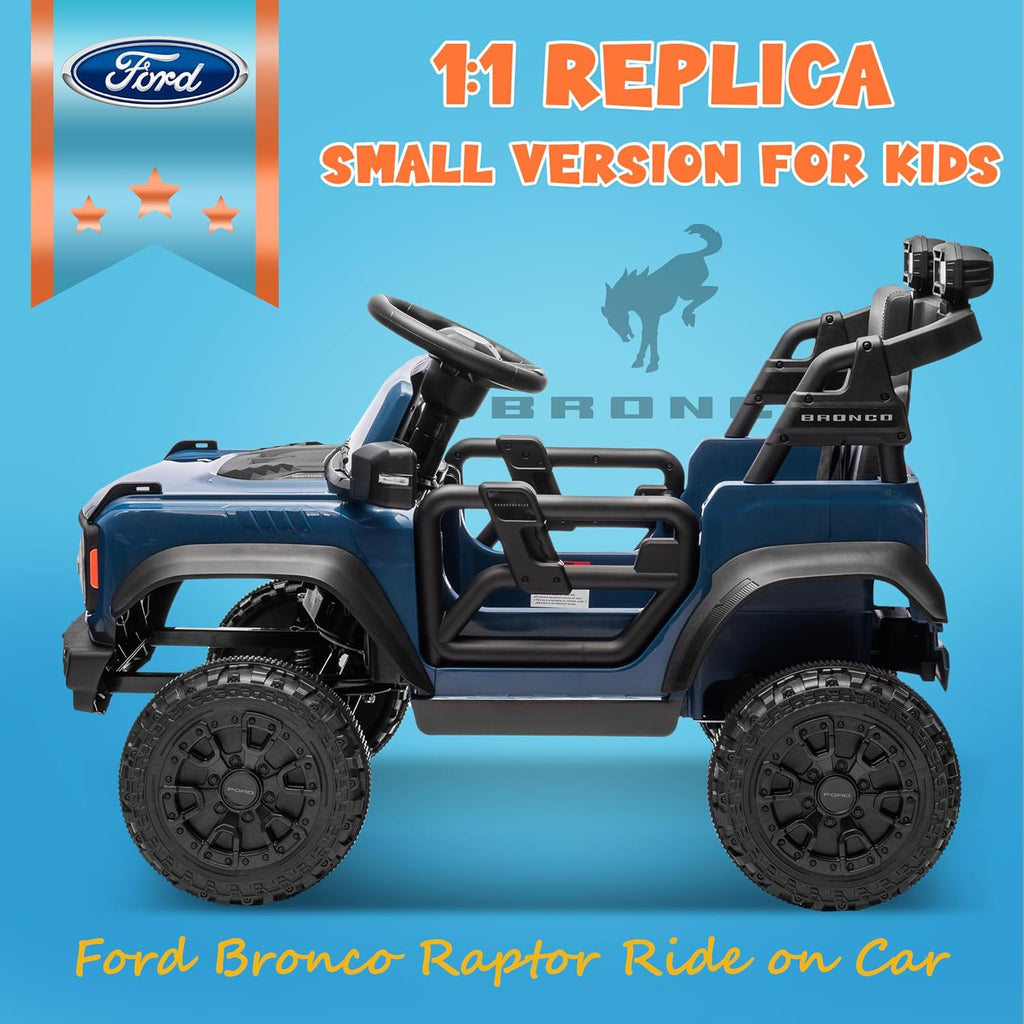 ENYOPRO Licensed Ford Bronco Raptor Electric Ride On Jeep for Kids, 12V Remote Control Ride On Car for Toddlers, Electric Vehicle w/Shock Absorbers, Soft Start, Bluetooth, LED Lights, 2 Speed (Blue)