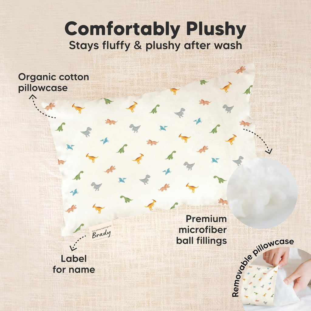 Mini Toddler Pillow with Pillowcase - 9x13 My Little Dreamy Travel Kids Pillow for Sleeping, Toddler Bed, Small, Tiny, Organic Cotton Pillowcase, Soft & Breathable, Kids 2-4 Years Old (Roarsome)