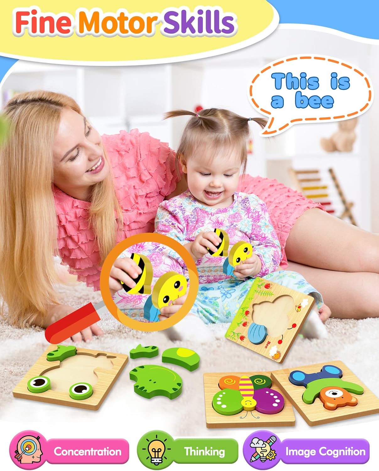 Bekayshad Wooden Puzzles Toddler Toys Gifts for 1 2 3 Year Old Boys Girls, Animal Jigsaw Puzzles Montessori Toys, Learning Educational Christmas Birthday Gifts for Girls Boys Ages 1-3