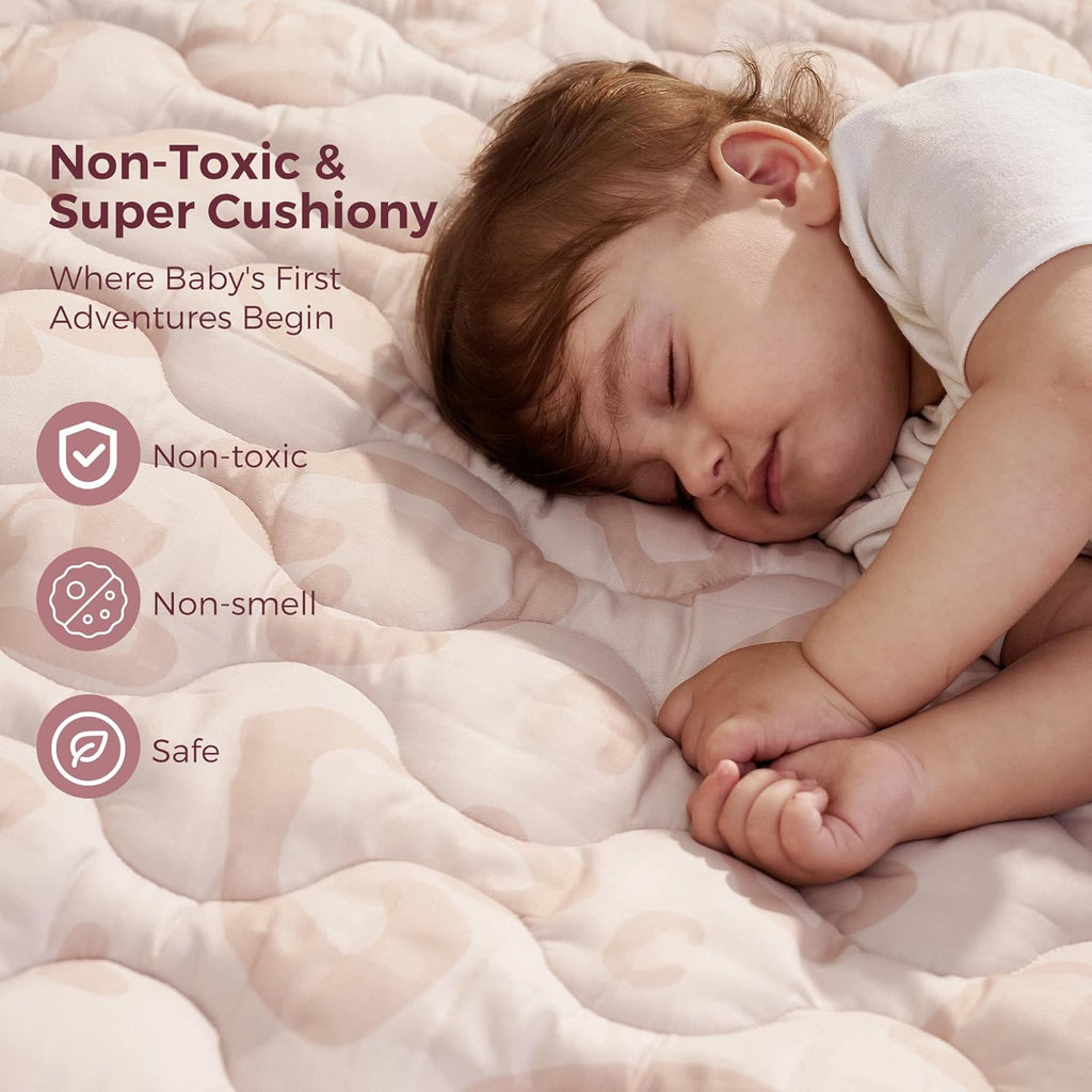 Momcozy Baby Play Mat for Floor, 50x50 Thickened Playpen Mat, Playmate for Baby Tummy Time, Waterproof & Non-Slip, Foldable Outdoor Mats with Carrying Handle, Leopard Heart