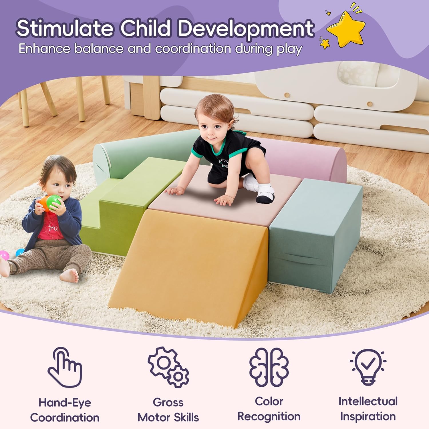 6 Piece Foam Climbing Blocks for Toddlers, Baby Climbing Gym with Ultra High Density Foam for Crawling and Sliding, Indoor Soft Play Set for Infant, Babies & Kids (Multicolor A, 6-Piece)