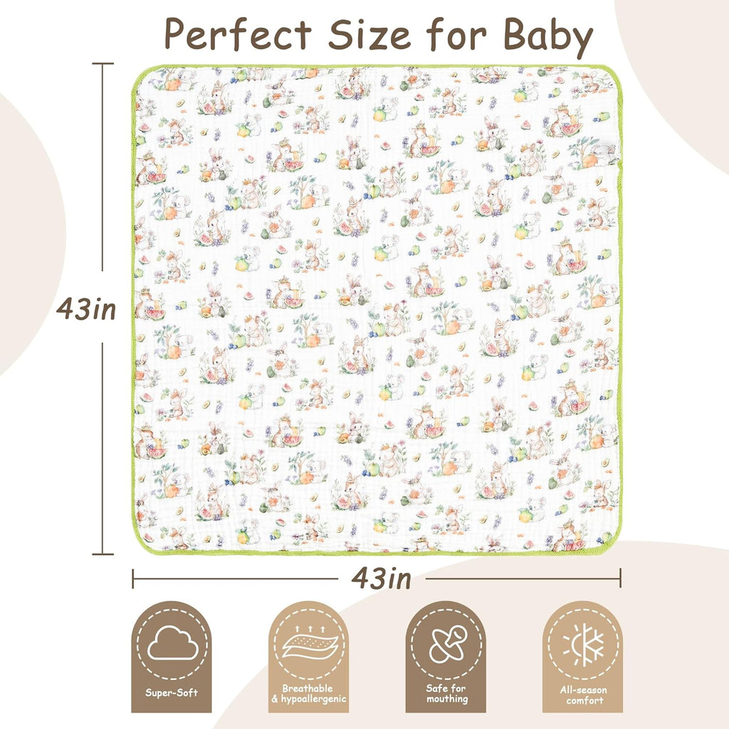 Luxury Muslin Baby Blanket, Soft Swaddle, 6-Layer Cotton Receiving Blanket for Newborn Infant, 43x43 Inch Lightweight Breathable Crib Blanket, Nursery Stroller Toddler Quilt, Animal Print