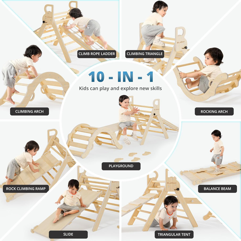 BlueWood 10-in-1 Pikler Triangle Set, Toddler Climbing Toys Indoor, Montessori Climber, Baby Jungle Gyms with Arch, Extra Rope Ladder & Footprint Balance Beam - Natural Rustic