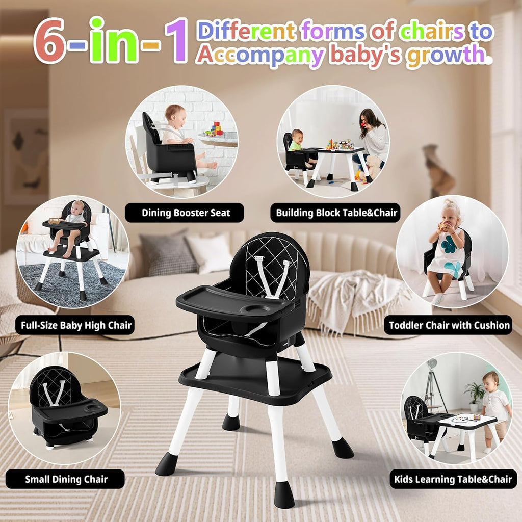 6 in 1 Baby High Chair for Babies and Toddlers, Booster Seat, Kids Learning Table & Chair (Black)
