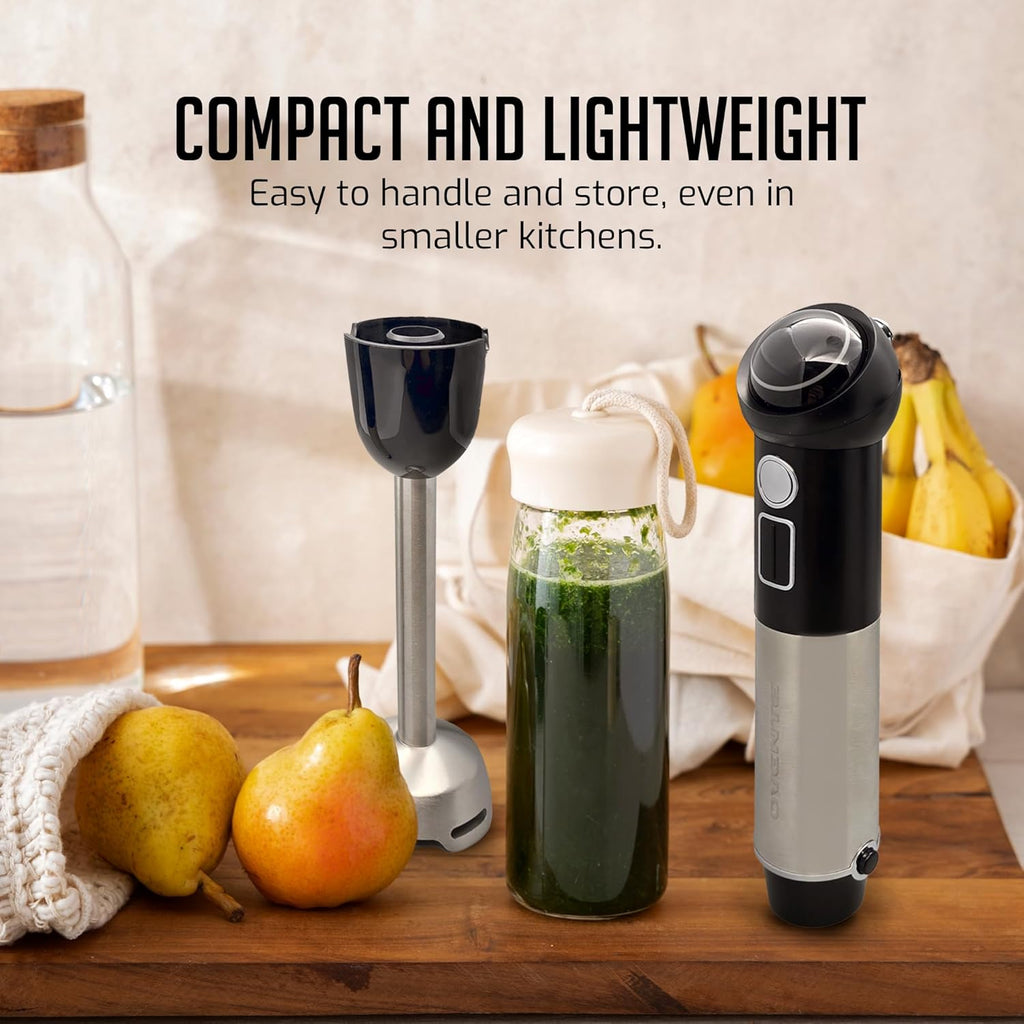 OVENTE Cordless Immersion Hand Blender, 300W Rechargeable Handheld Portable Stick Mixer with Speed Pulse Activating Sensor and Stainless Steel Blades for Smoothies, Shakes or Baby Food, Black HR995B