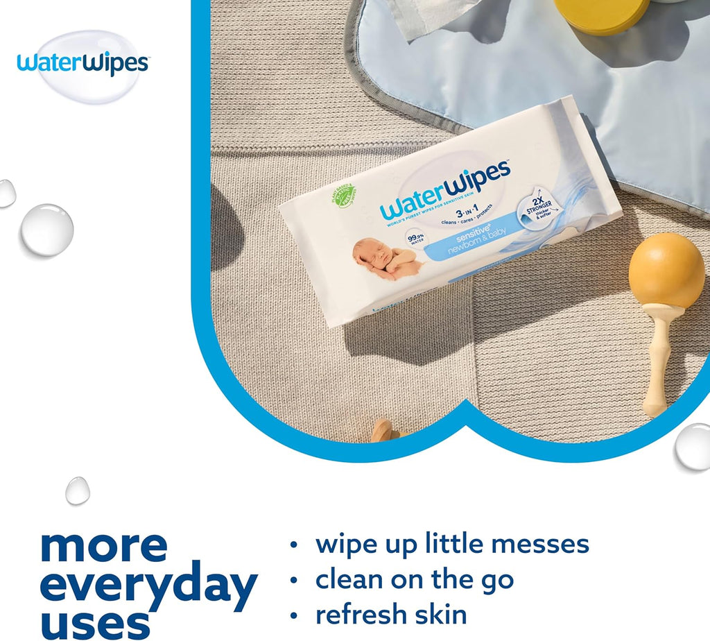 WaterWipes Sensitive+ Newborn & Baby Wipes, 3-In-1 Cleans, Cares, Protects, 99.9% Water, Unscented & Hypoallergenic, 180 Count (3 Packs)